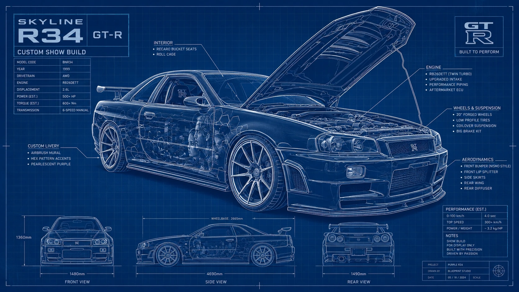 Technischer Blueprint eines Skyline R34 GT-R