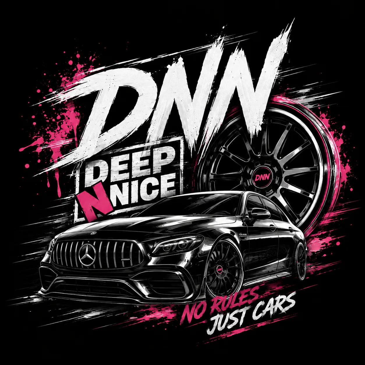 DNN Sticker mit AMG Showcar, Felge und No Rules Just Cars Schriftzug