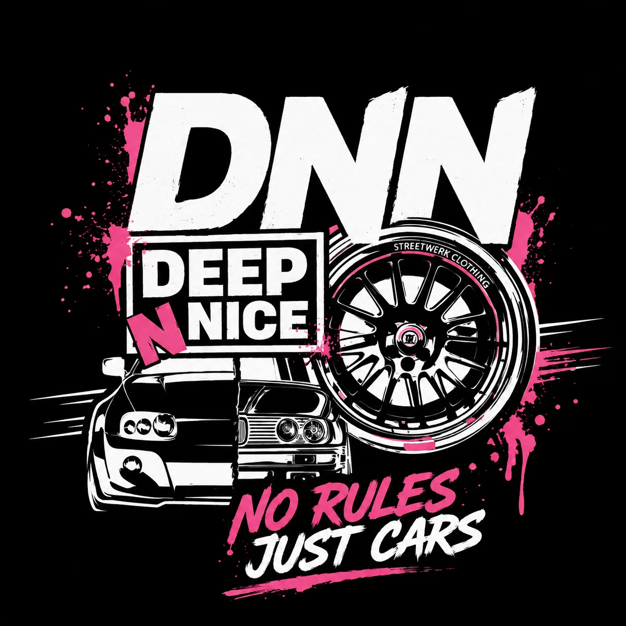 Deep N Nice Sticker mit Showcar, Felge und No Rules Just Cars Schriftzug