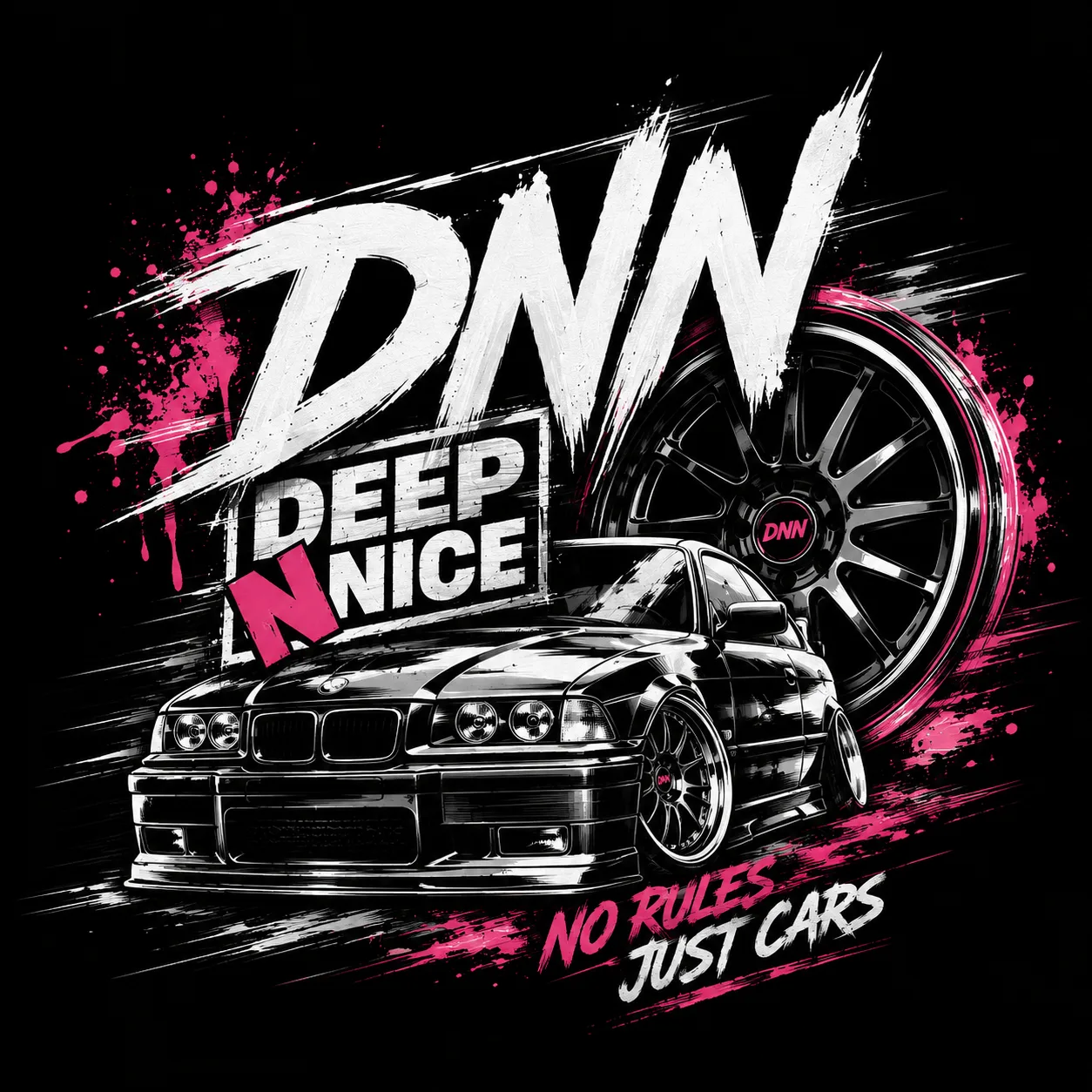 DNN Sticker mit Skyline Front und No Rules Just Cars Schriftzug