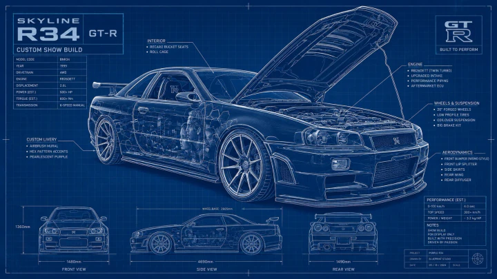 Technischer Blueprint eines Skyline R34 GT-R