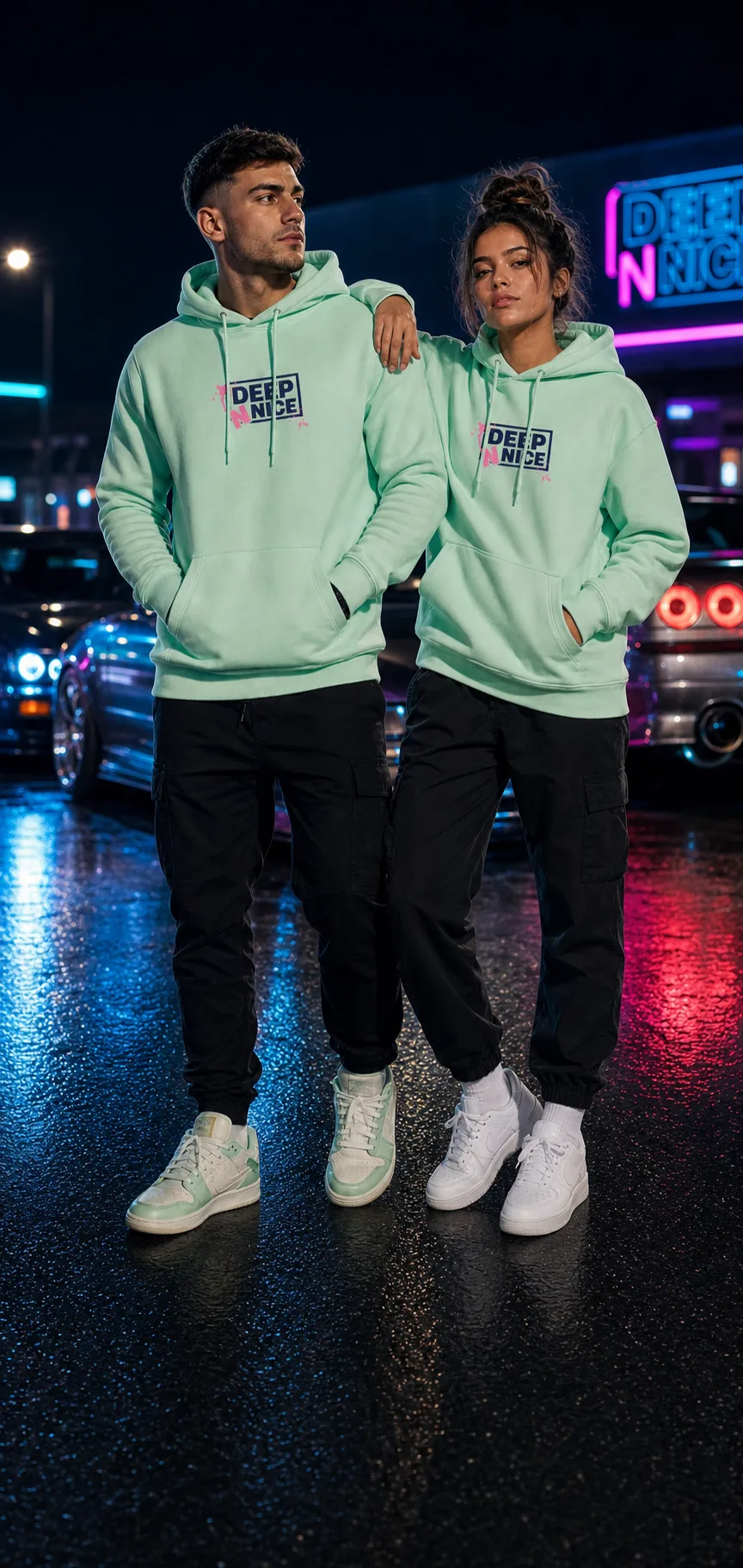 Mann und Frau im Mint Hoodie von vorne