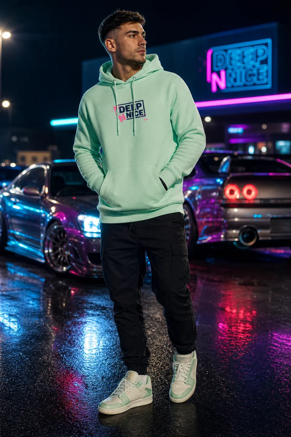 Mann im Mint Hoodie von vorne
