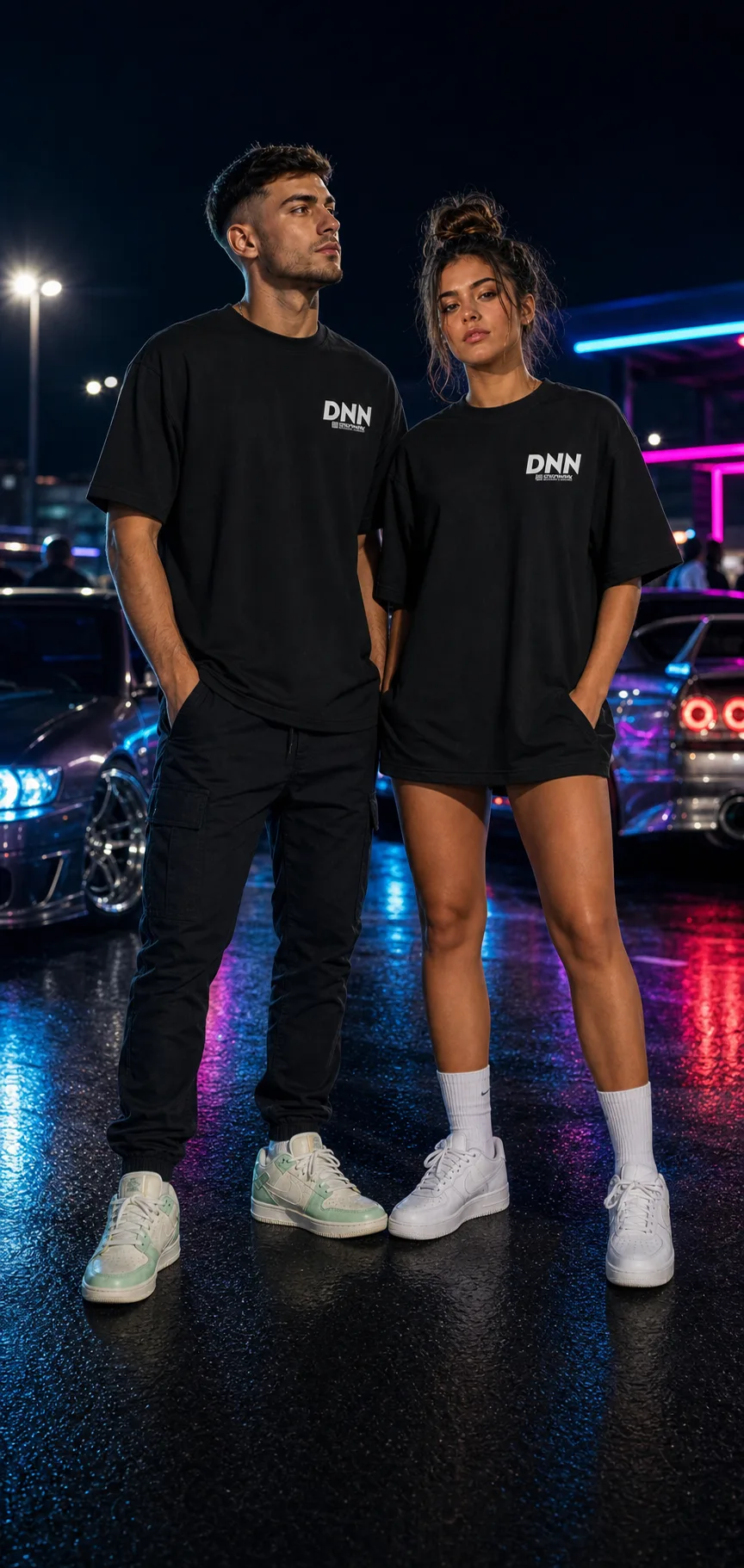 Mann und Frau im schwarzen DNN Shirt von vorne